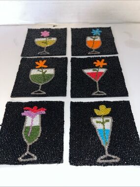 Mary Frances Beaded Cocktail Glass Coasters - Black with Multicolor Accents